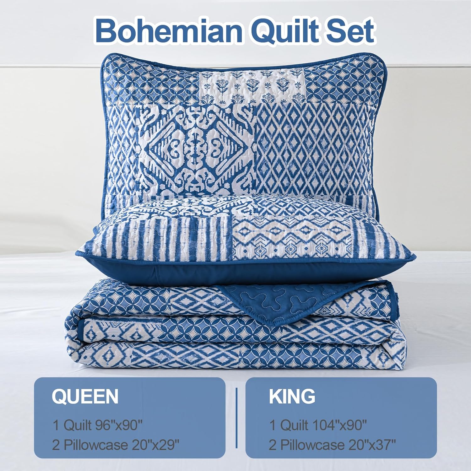 Floral Boho Geometric Patchwork Quilt Set - 3 Pcs Coverlet Set